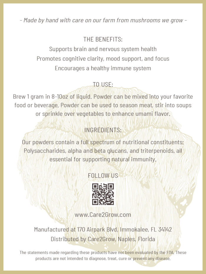 Care2Grow Lions Mane Mushroom Fruit Body Powder Benefits and Use Brain Health